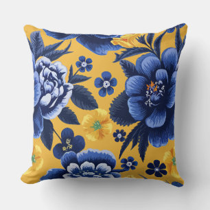 Bold Blue and Yellow Floral on a Yellow background Throw Pillow