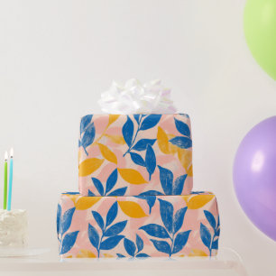 Bold Blue and Yellow Leaf lithograph Pattern Wrapping Paper
