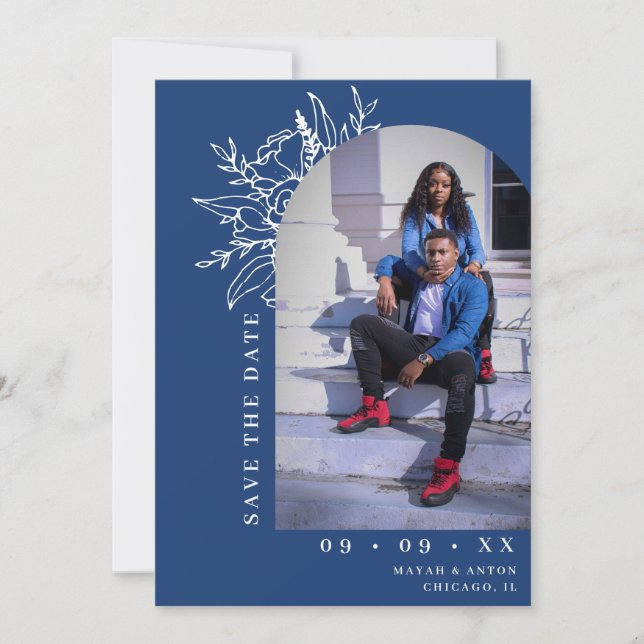 Bold Blue Botanical Floral Arch Photo Wedding Save The Date (Front)