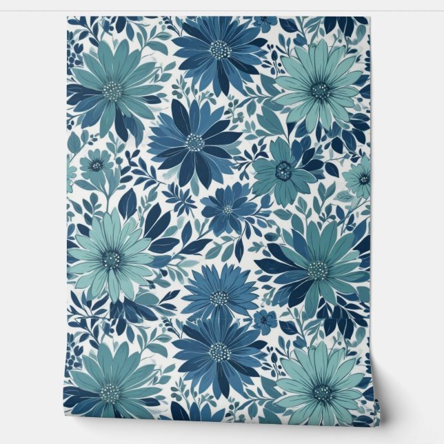 Bold Blue Botanical Floral Pattern Wallpaper (Unrolling)