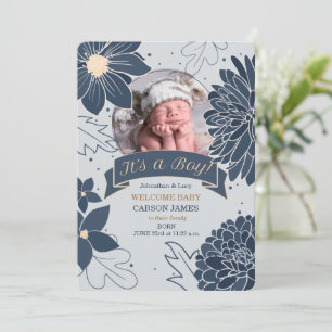 Bold Blue Botanical It's a Boy Birth Announcement