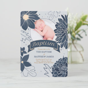 Bold Blue Botanicals with Photo Baptism Invitation