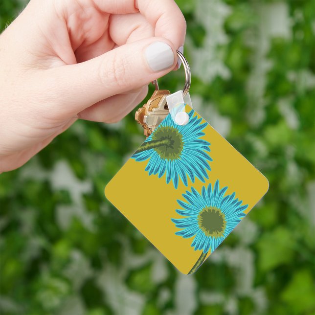 Bold Blue Daisy Art on Mustard Yellow Background  Keychain (Creator Uploaded)