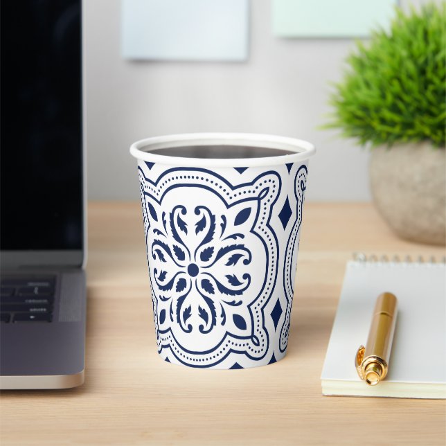 Bold blue decorative ornamental Moroccan geometric Paper Cups (Insitu)