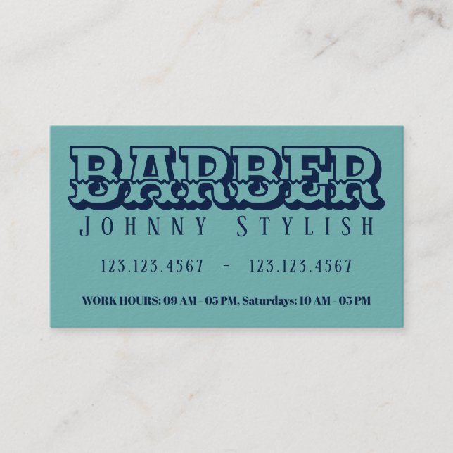 Bold blue duo tone vintage style barber business card (Front)