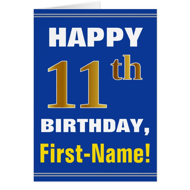 Bold, Blue, Faux Gold 11th Birthday w/ Name Card (Front)