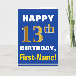 Bold, Blue, Faux Gold 13th Birthday w/ Name Card