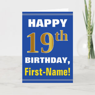 Bold, Blue, Faux Gold 19th Birthday w/ Name Card