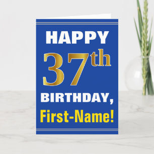 Bold, Blue, Faux Gold 37th Birthday w/ Name Card