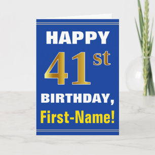 Bold, Blue, Faux Gold 41st Birthday w/ Name Card