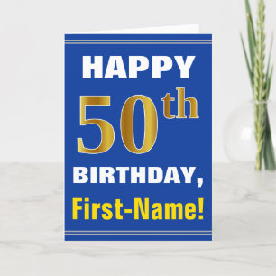 Bold, Blue, Faux Gold 50th Birthday w/ Name Card