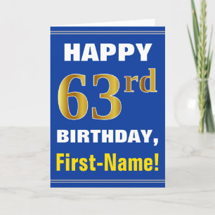 Bold, Blue, Faux Gold 63rd Birthday w/ Name Card