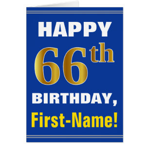 Bold, Blue, Faux Gold 66th Birthday w/ Name Card