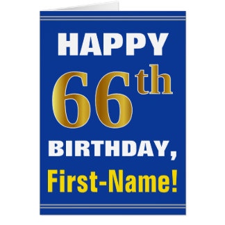 Bold, Blue, Faux Gold 66th Birthday w/ Name Card