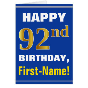Bold, Blue, Faux Gold 92nd Birthday w/ Name Card