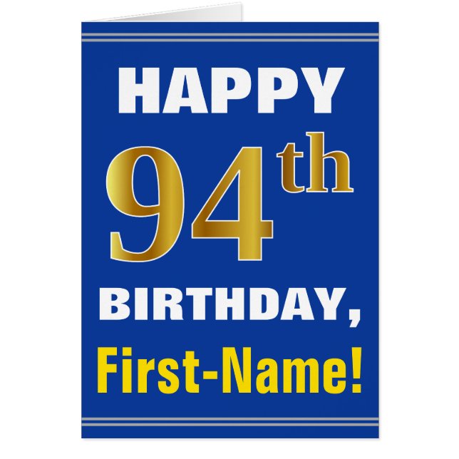 Bold, Blue, Faux Gold 94th Birthday w/ Name Card (Front)