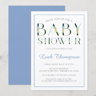 Bold Blue Floral Letters Baby Boy Shower Invitation