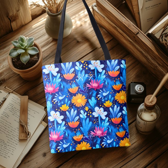 Bold Blue Floral Pattern – Playful Botanical Tote Bag (Creator Uploaded)