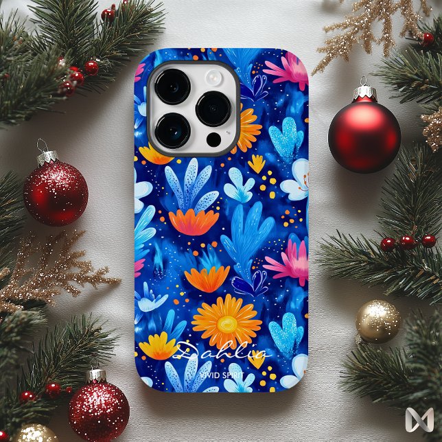 Bold Blue Floral Pattern with Name Quote iPhone Case (Creator Uploaded)