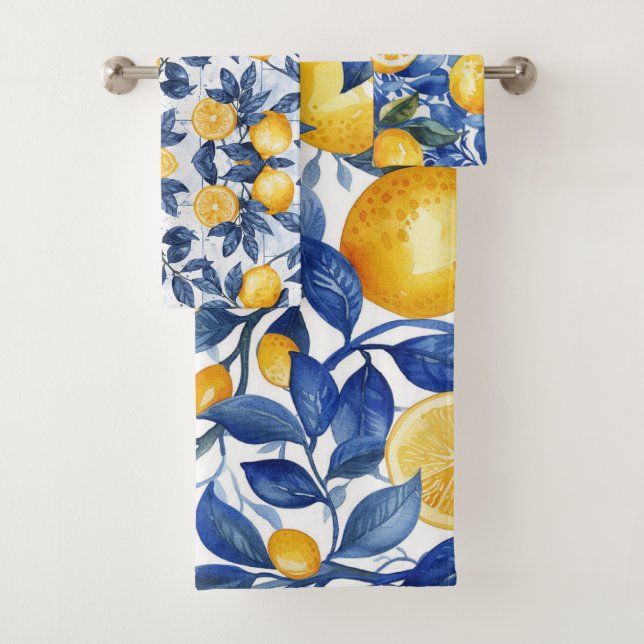 Bold Blue Italian Positano Lemon Bath Towel Set (Insitu)