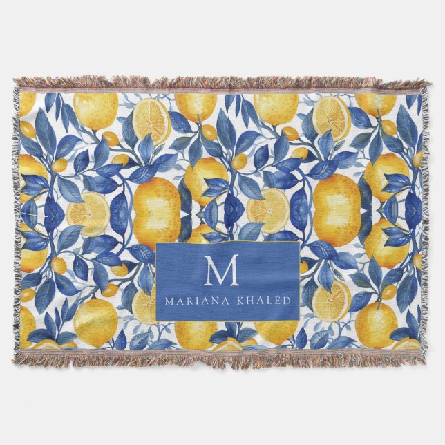 Bold Blue Italian Positano Lemon Throw Blanket (Front)