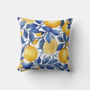 Bold Blue Italian Positano Lemon Throw Pillow
