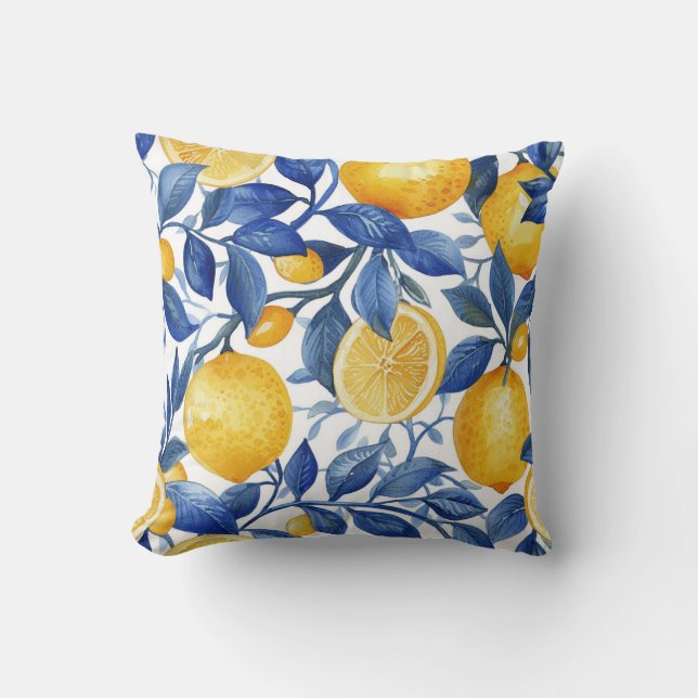 Bold Blue Italian Positano Lemon Throw Pillow (Front)