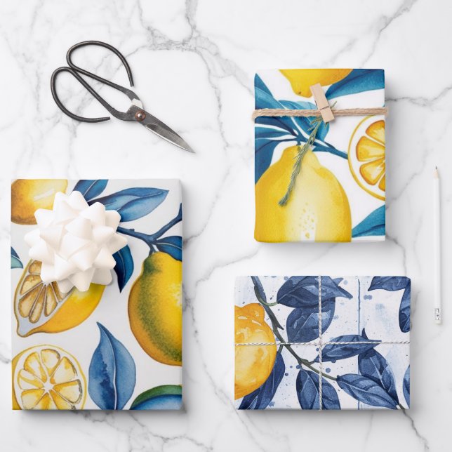 Bold Blue Italian Positano Lemon Wrapping Paper Sheet (Front)