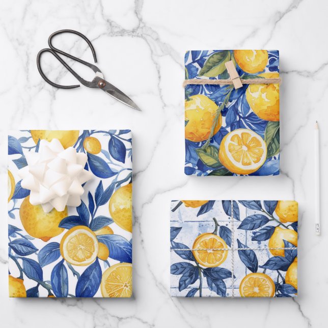 Bold Blue Italian Positano Lemon Wrapping Paper Sheet (Front)
