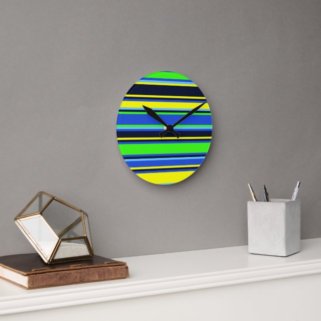 Bold Blue, Lime, & Yellow Striped Wall Clock (Office)