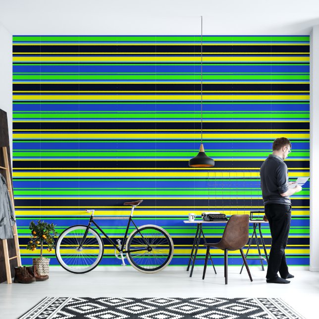 Bold Blue, Lime, & Yellow Striped Wallpaper (Living Room)