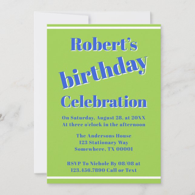 Bold Blue On Lime Green Birthday Party  Invitation (Front)