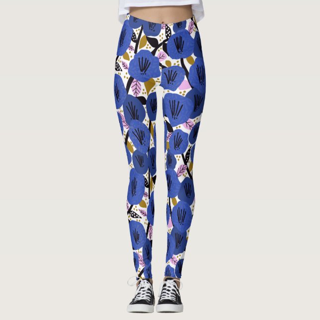 Bold Blue Pink Gold Floral Pattern Leggings (Front)
