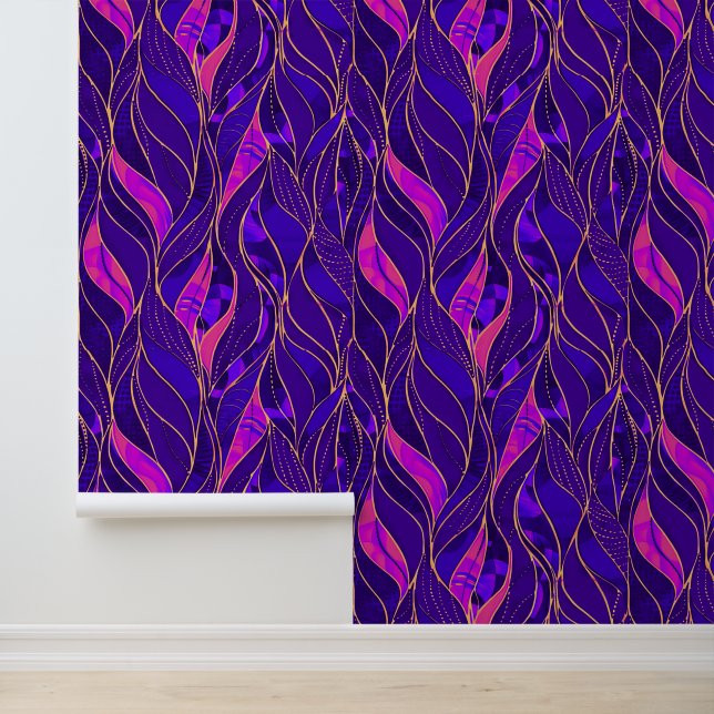 Bold Blue Pink Purple Botanical Leaf Pattern Wallpaper (Application)