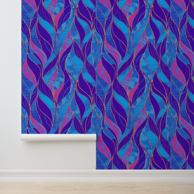 Bold Blue Pink Purple Leaf Decor Wallpaper (Application)