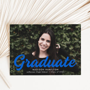 Bold Blue Script Photo Graduation Announcement
