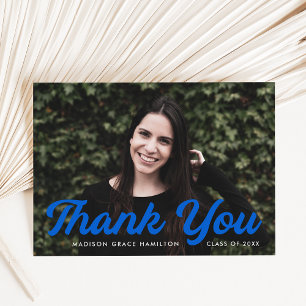 Bold Blue Script Photo Graduation Thank You Card