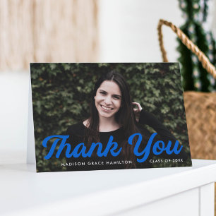 Bold Blue Script Photo Graduation Thank You Card