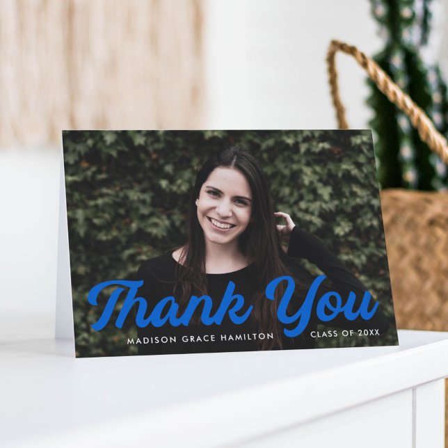 Bold Blue Script Photo Graduation Thank You Card (Creator Uploaded)