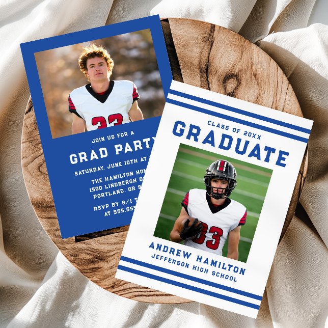 Bold Blue Stripes Athletic Photo Graduation Party Invitation (Creator Uploaded)
