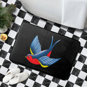 Bold Blue Traditional Swallow Bird Tattoo Style Bath Mat