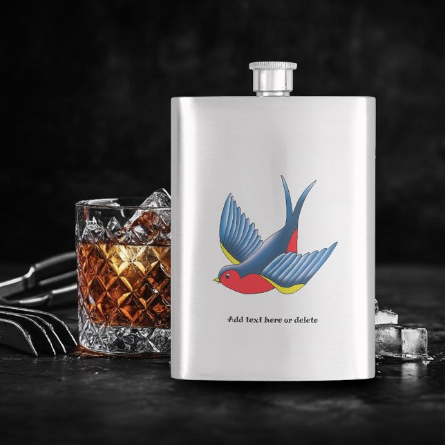 Bold Blue Traditional Swallow Bird Tattoo Style Hip Flask (Creator Uploaded)