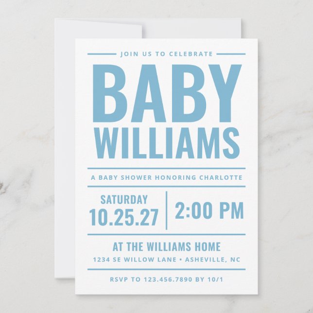Bold Blue Typography Boy Baby Shower Invitation (Front)
