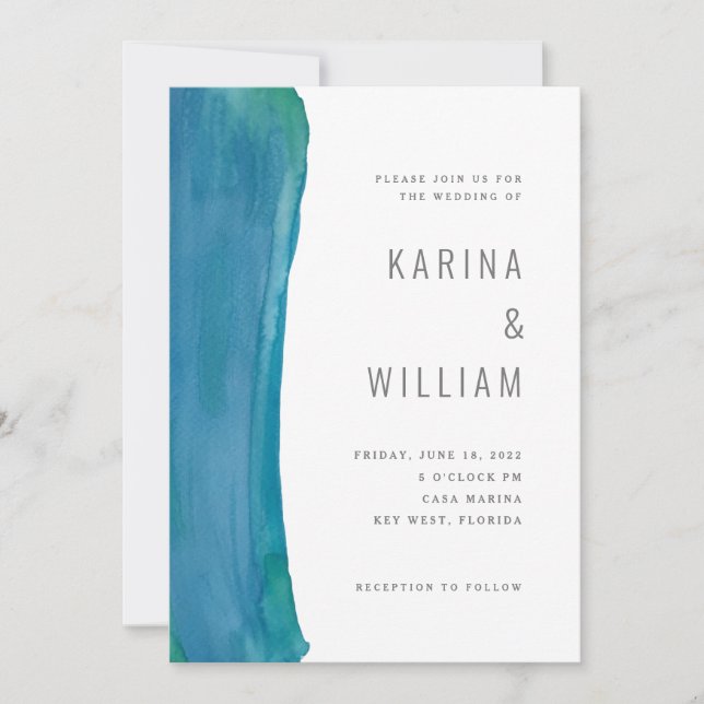 Bold blue watercolor wave wedding invitation (Front)