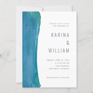 Bold blue watercolor wave wedding invitation
