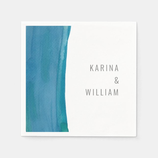 Bold blue watercolor wave wedding napkin (Front)