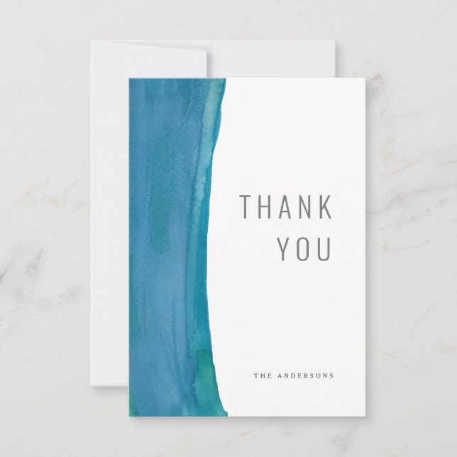 Bold blue watercolor wave wedding thank you card (Front)