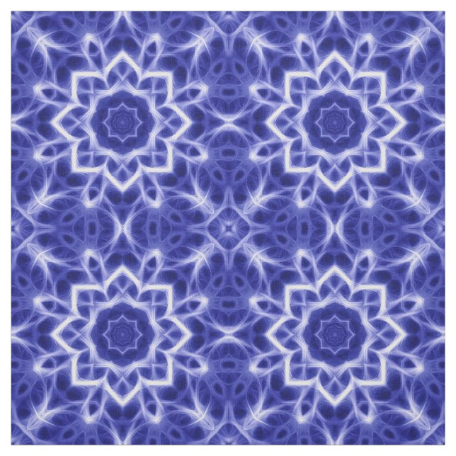 Bold Blue White Glowing Mandala Pattern Print Fabric (Swatch)