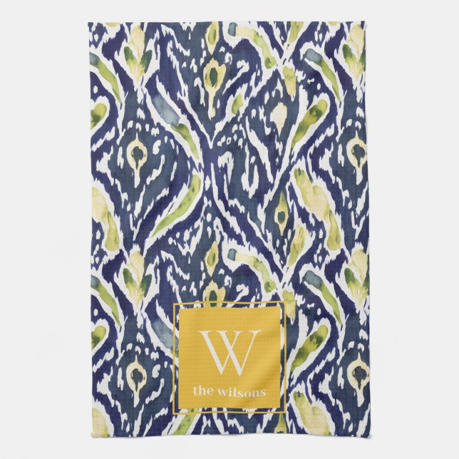 Bold Blue Yellow Abstract Classy Ikat Monogram Kitchen Towel (Vertical)