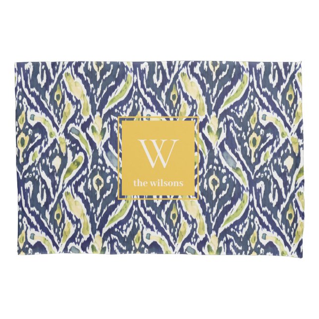 Bold Blue Yellow Abstract Classy Ikat Monogram Pillowcase (Front)